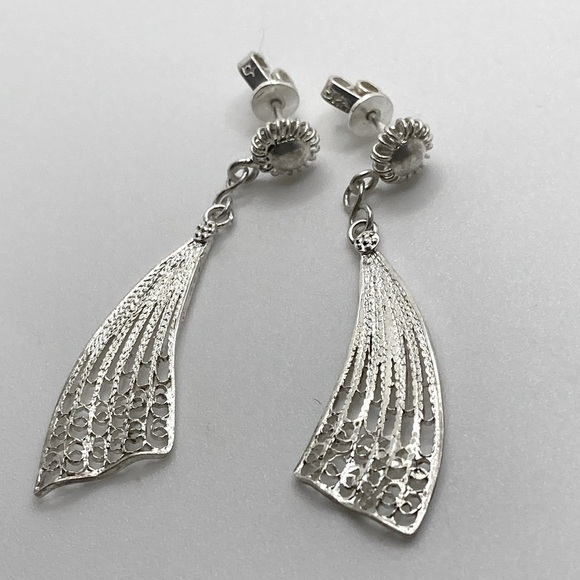 Vtg Sterling Silver Cannetille Filigree Wavy Fan Dangle Stud Earrings 1.9” - Picture 4 of 8